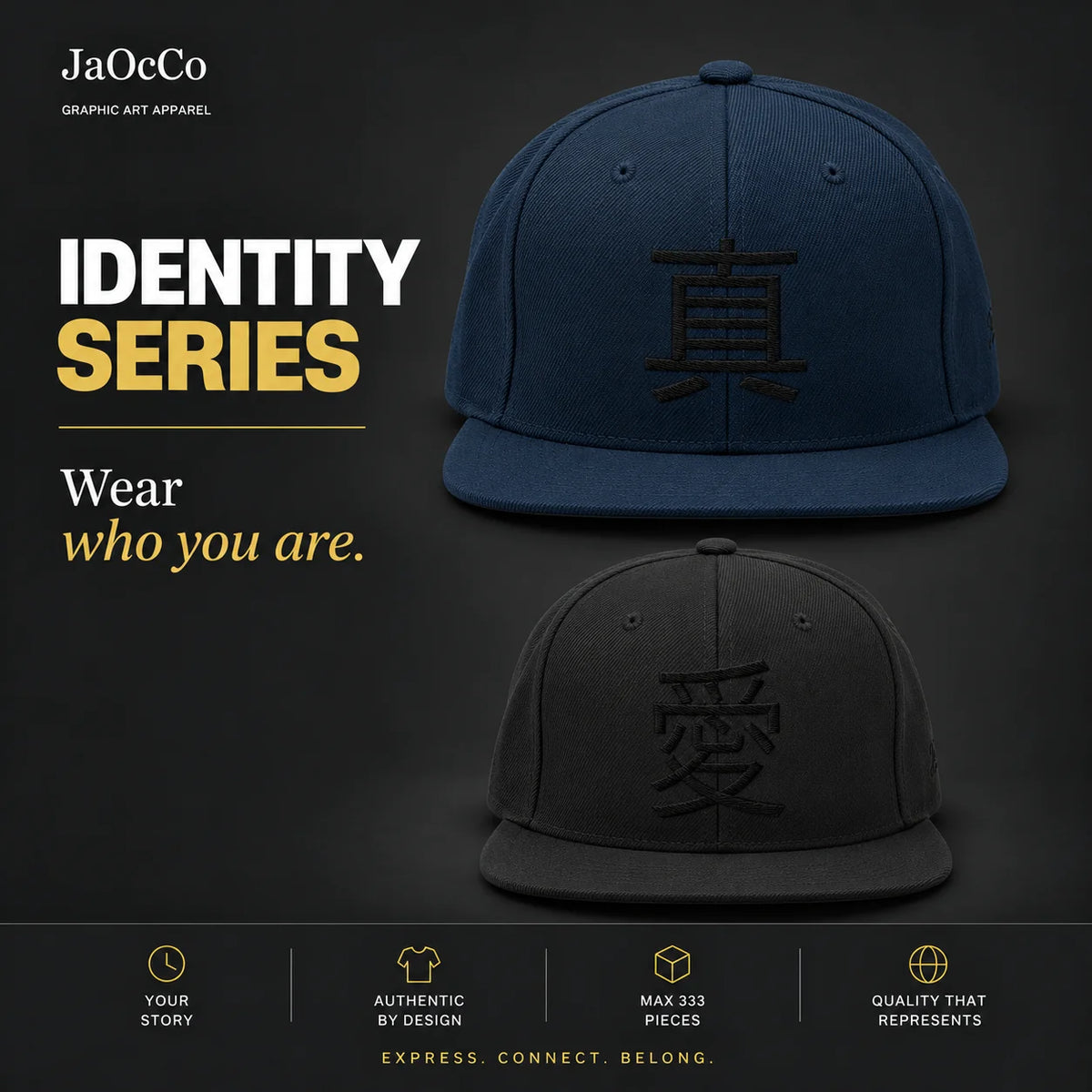 Identity Series — casquettes snapback brodées des symboles japonais Shin et Ai