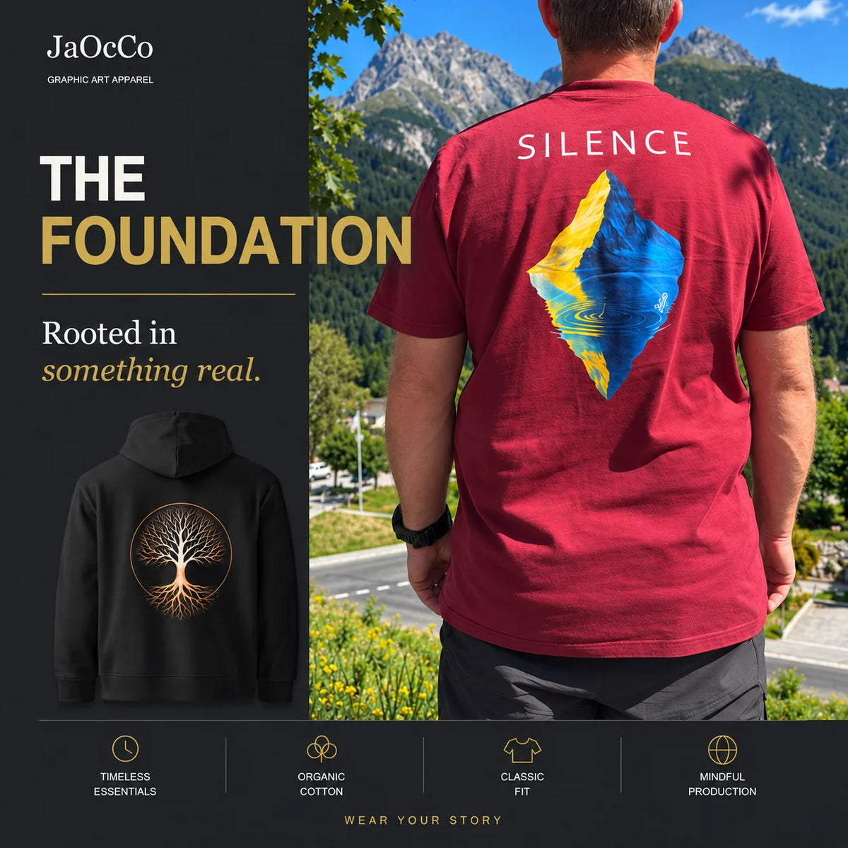 The Foundation — t-shirt Silence porté en montagne et hoodie Tree of Life, coupe classique en coton bio
