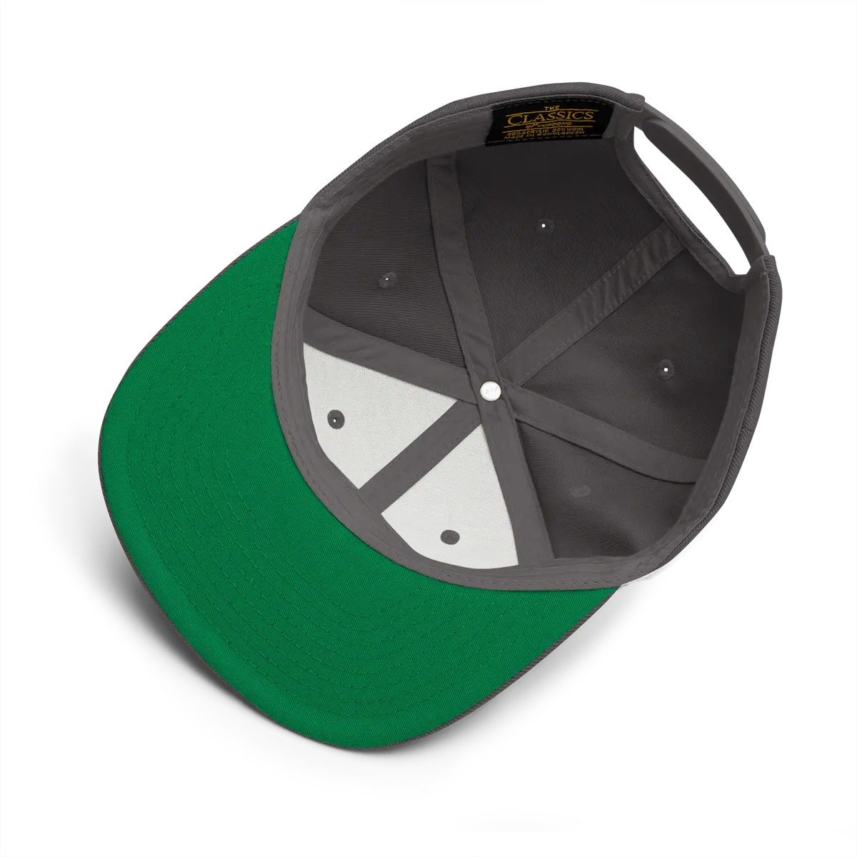 Jiyū snapback cap in dark grey, green under-visor and interior