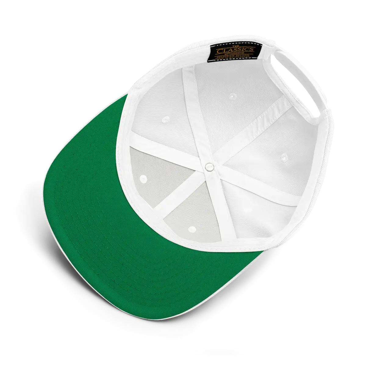 Sō snapback cap in white, green under-visor and interior