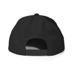 Unwritten snapback cap in black, back view with snapback closure