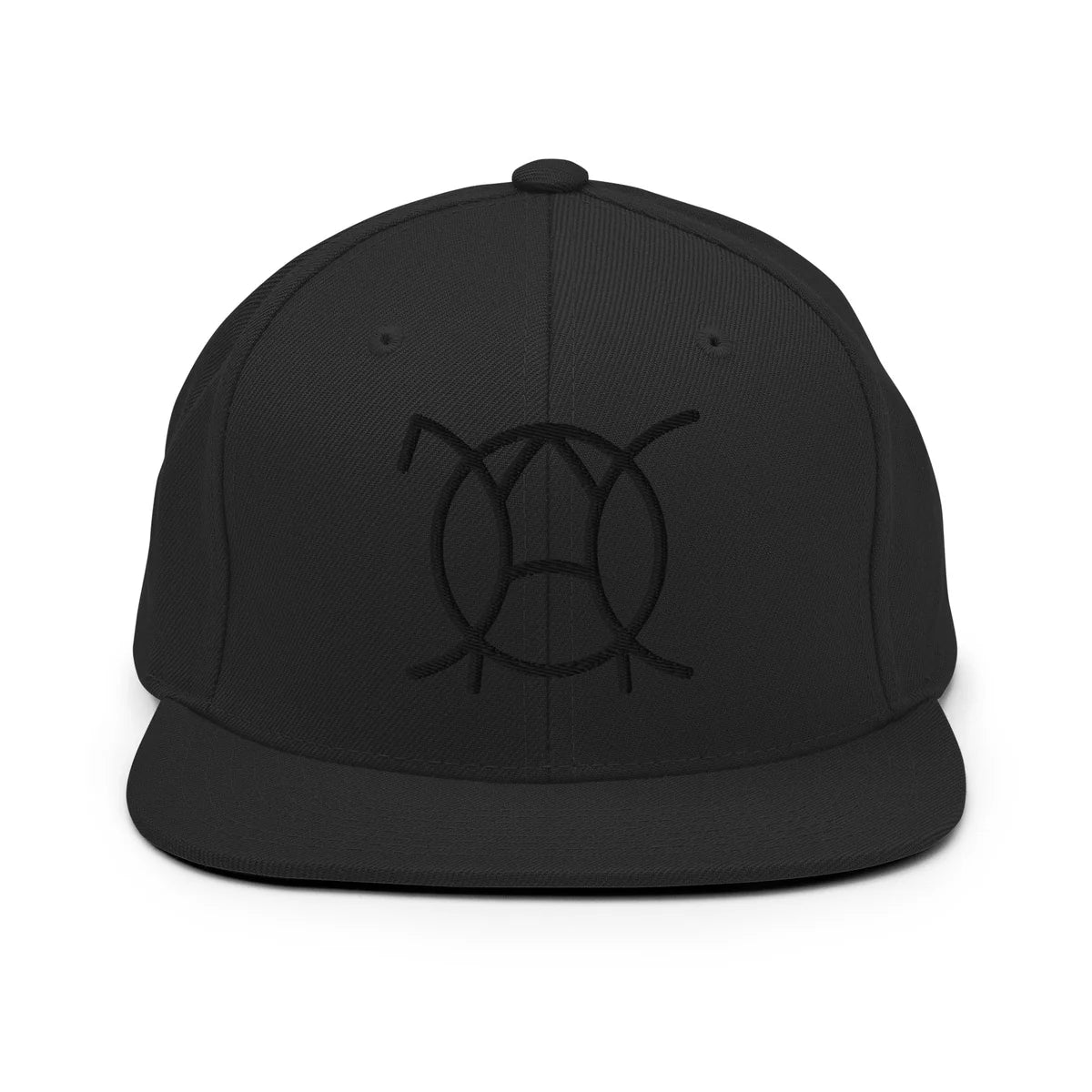 Unwritten snapback cap in black, front view with embroidered JaOcCo symbol