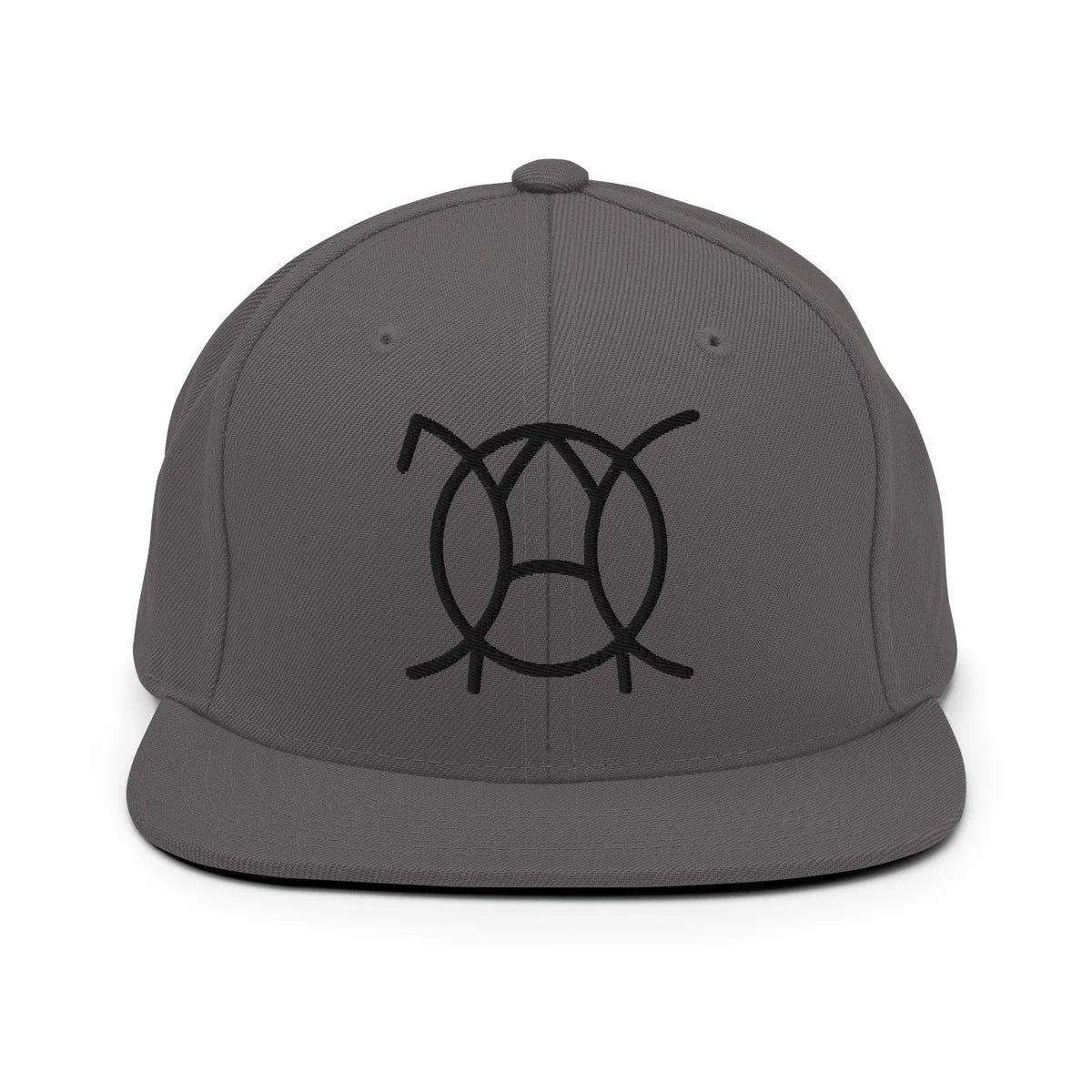 Unwritten snapback cap in dark grey, front view with embroidered JaOcCo symbol