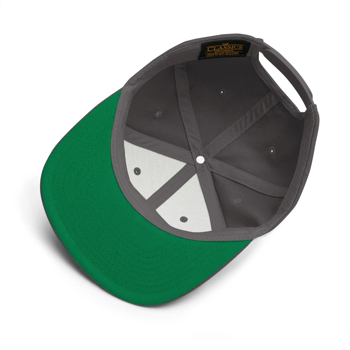 Unwritten snapback cap in dark grey, green under-visor and interior