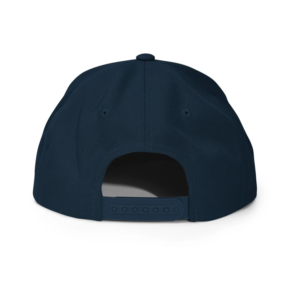 Unwritten snapback cap in navy, back view with snapback closure