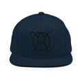 Unwritten snapback cap in navy, front view with embroidered JaOcCo symbol