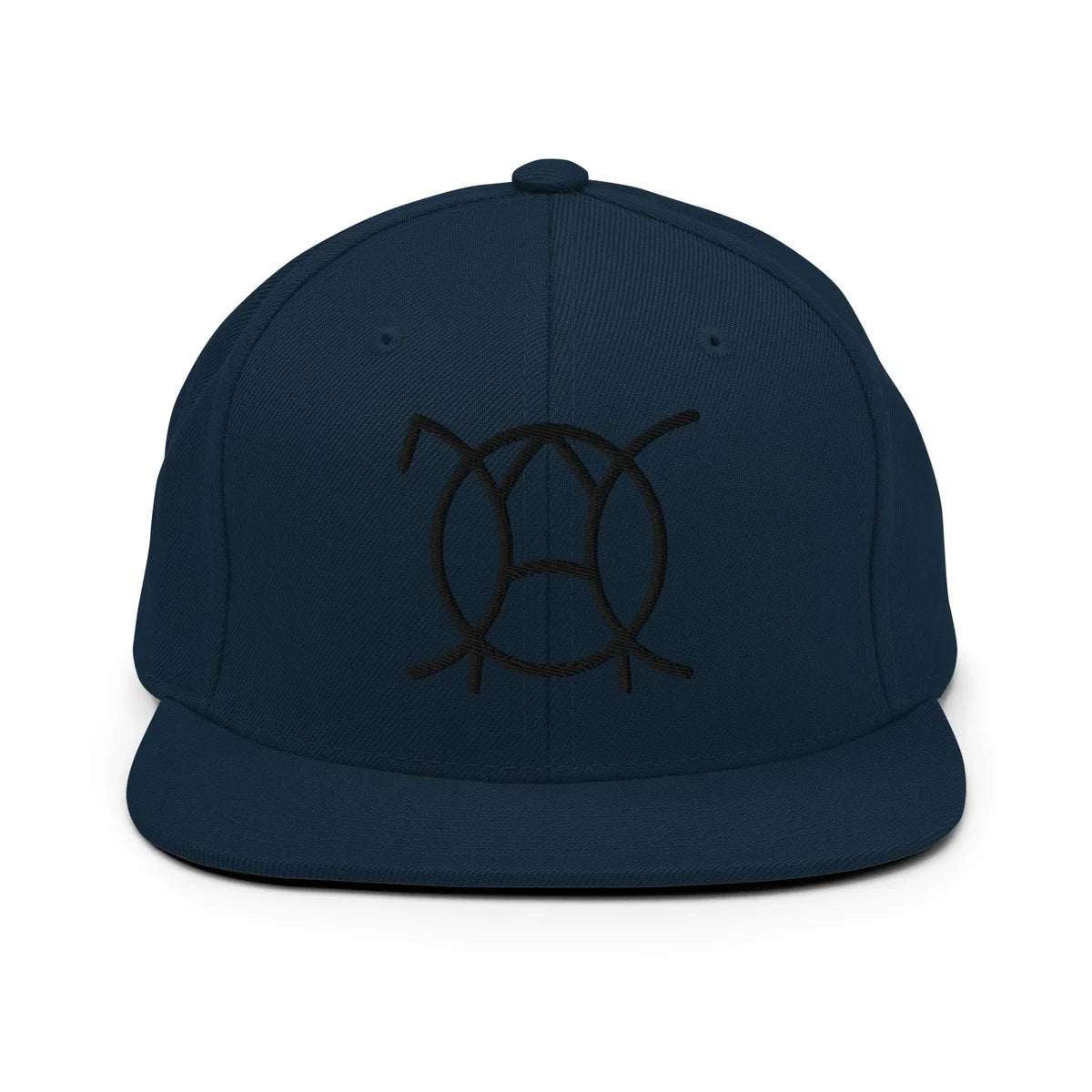 Unwritten snapback cap in navy, front view with embroidered JaOcCo symbol