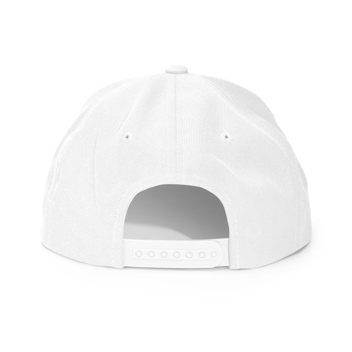Unwritten snapback cap in white, back view with snapback closure