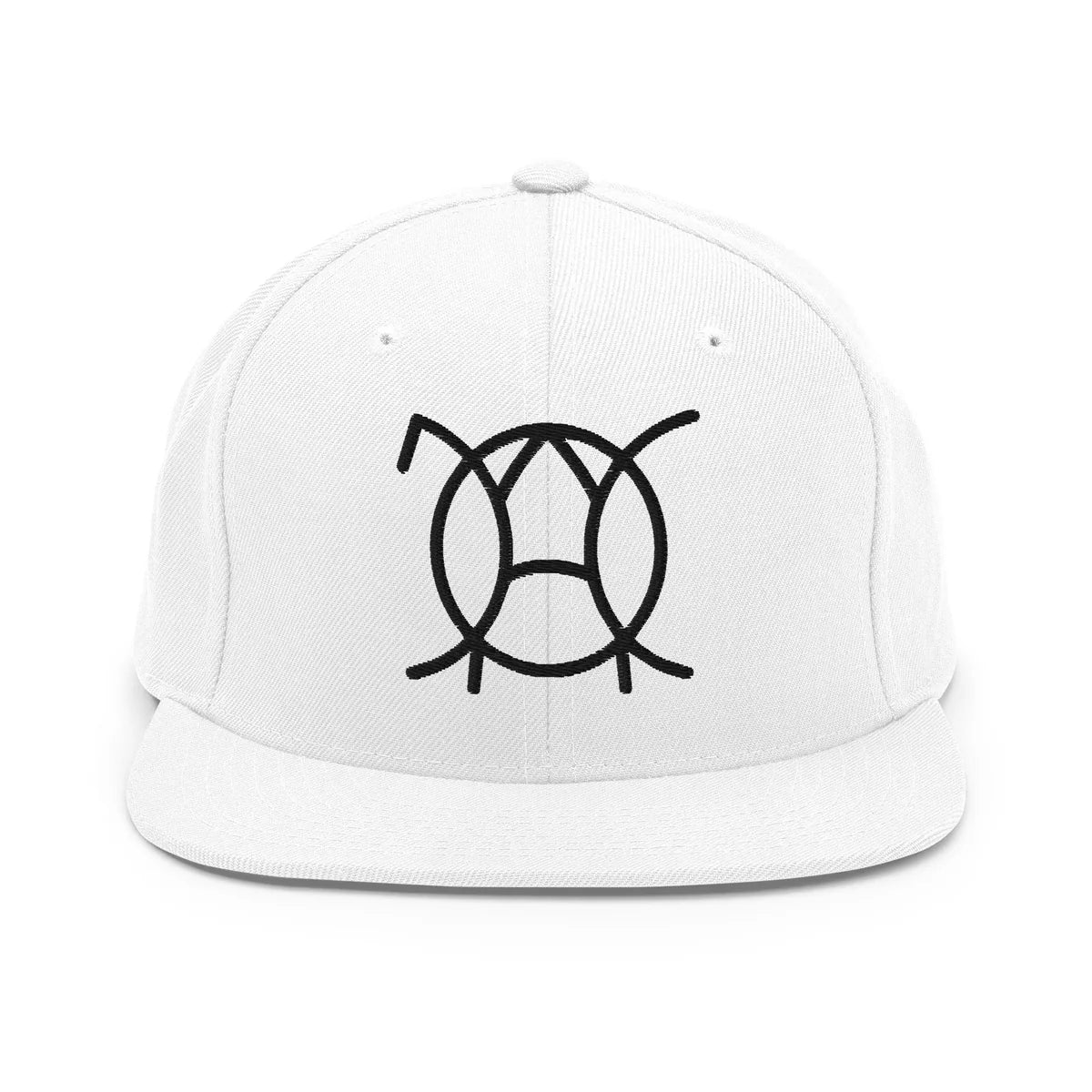 Unwritten snapback cap in white, front view with embroidered JaOcCo symbol
