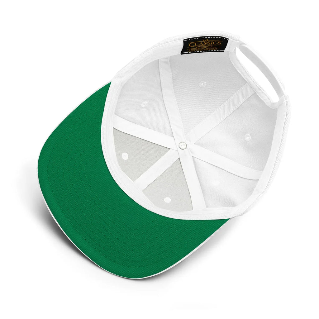 Unwritten snapback cap in white, green under-visor and interior