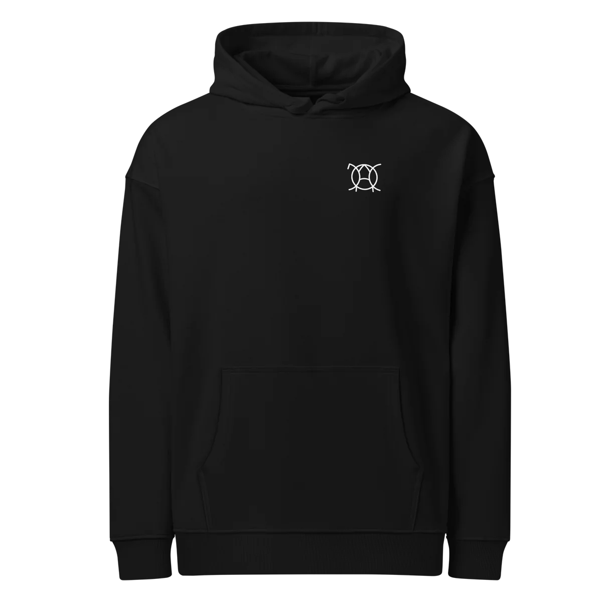 Unwritten oversized hoodie in black, front view with small JaOcCo logo