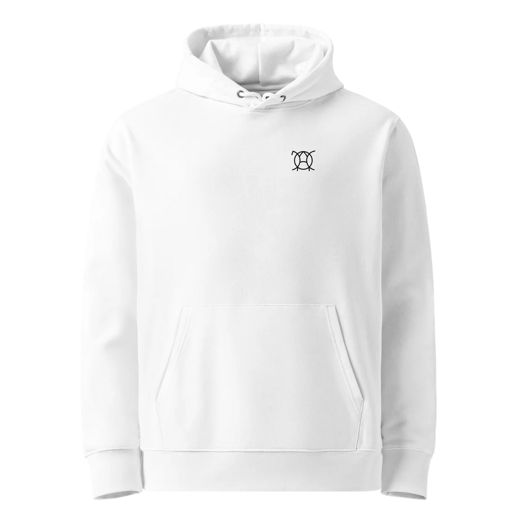 Hoodie Unwritten, klassische Passform in Weiß, Vorderansicht mit kleinem JaOcCo-Logo