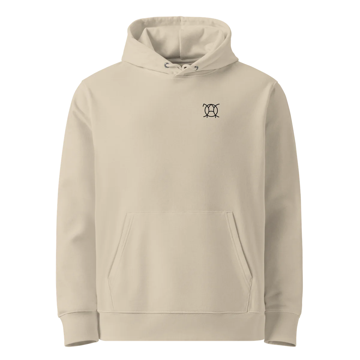 Unwritten classic-fit hoodie in sand (Desert Dust), front view with small JaOcCo logo