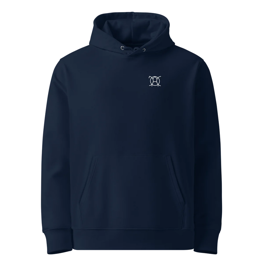 Unwritten classic-fit hoodie in navy, front view with small JaOcCo logo