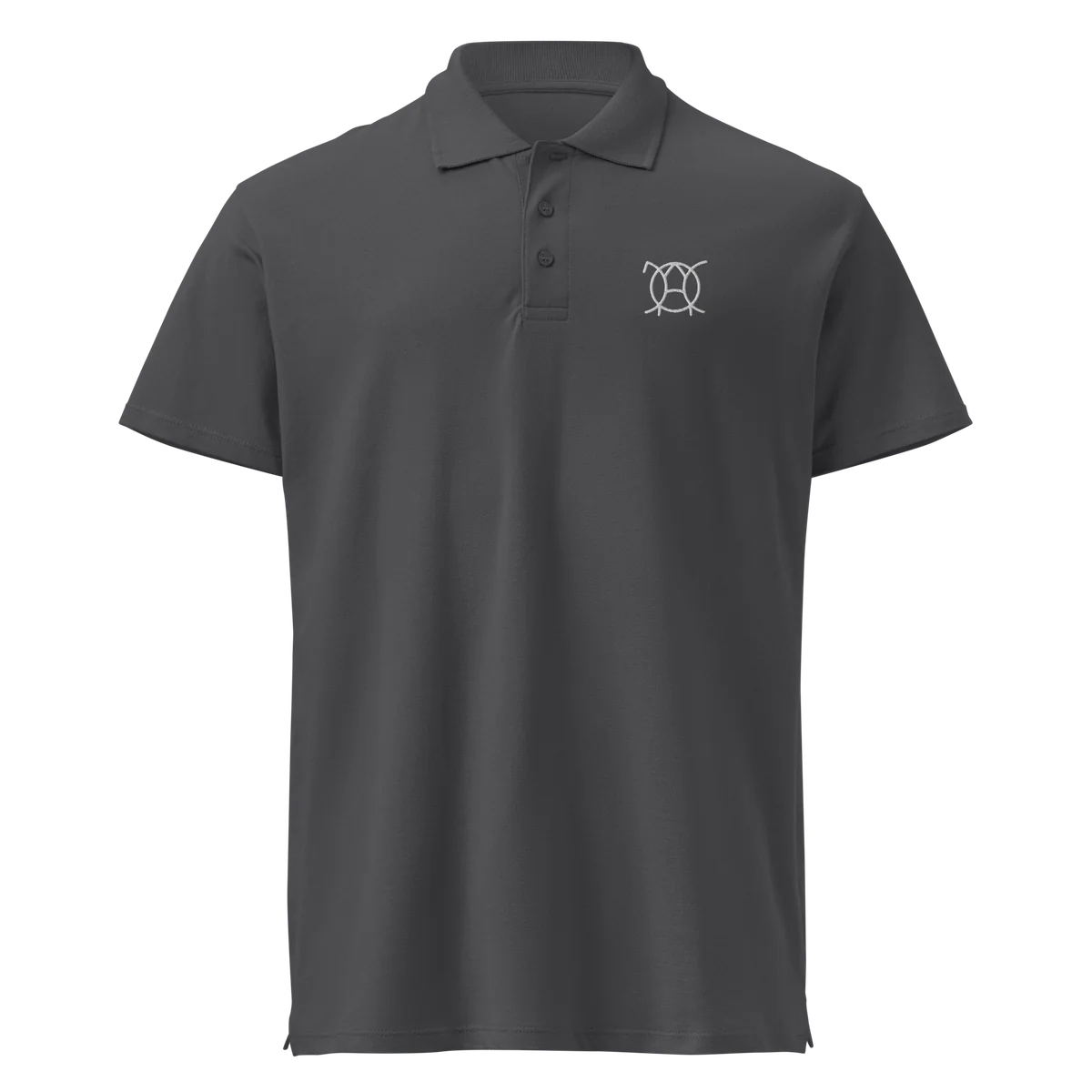 L’Essentiel polo in mouse grey, front view with small JaOcCo logo