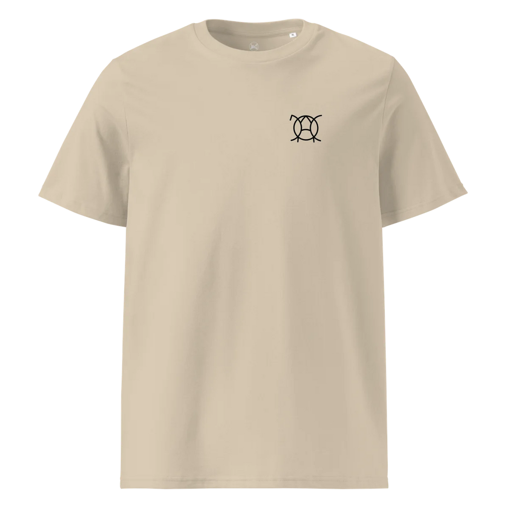 Unwritten classic-fit t-shirt in sand (Desert Dust), front view with small JaOcCo logo