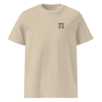 Unwritten classic-fit t-shirt in sand (Desert Dust), front view with small JaOcCo logo