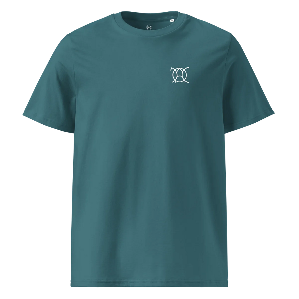 Unwritten classic-fit t-shirt in petrol blue (Stargazer), front view with small JaOcCo logo