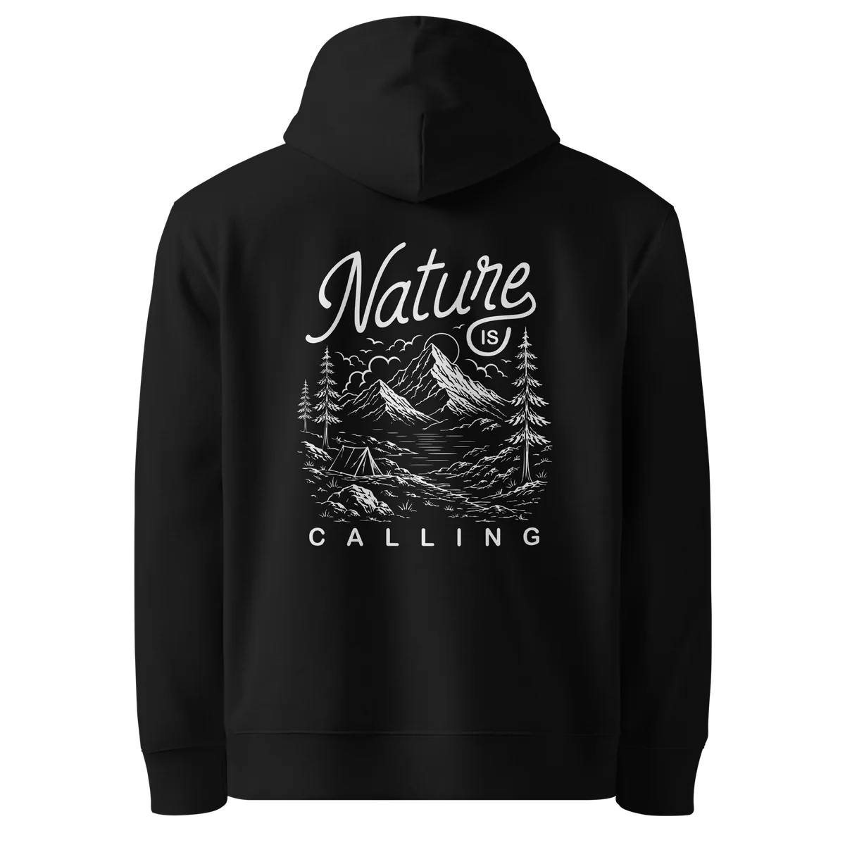 Hoodie Nature Is Calling, klassische Passform in Schwarz, Rückansicht mit dem Design Nature Is Calling