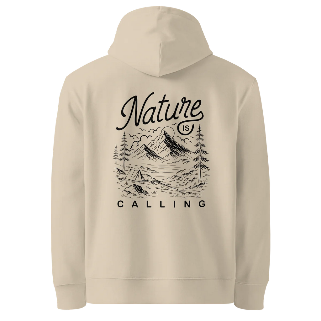 Nature Is Calling classic-fit hoodie in sand (Desert Dust), back view with the Nature Is Calling design