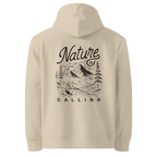 Nature Is Calling classic-fit hoodie in sand (Desert Dust), back view with the Nature Is Calling design