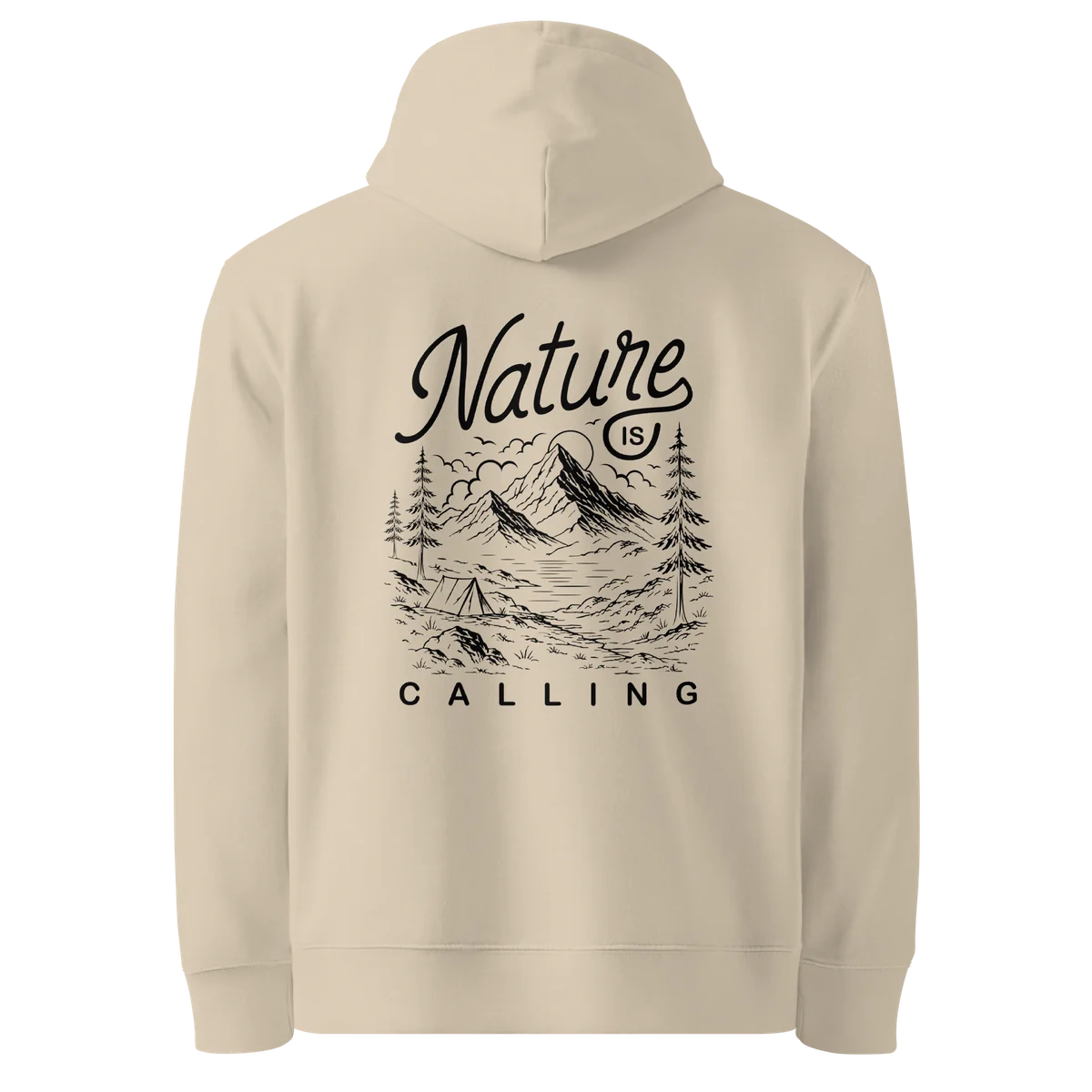 Hoodie Nature Is Calling, klassische Passform in Sand (Desert Dust), Rückansicht mit dem Design Nature Is Calling
