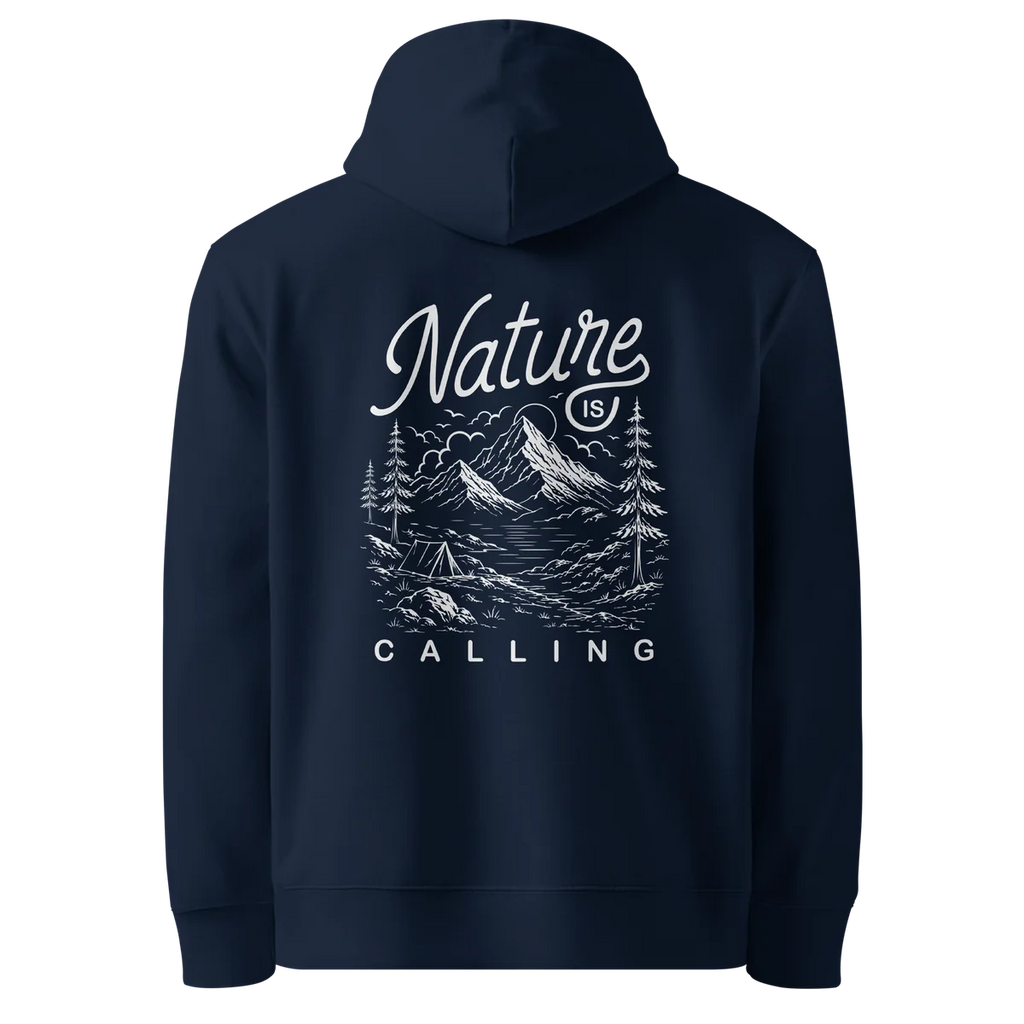 Nature Is Calling classic-fit hoodie in navy, back view with the Nature Is Calling design