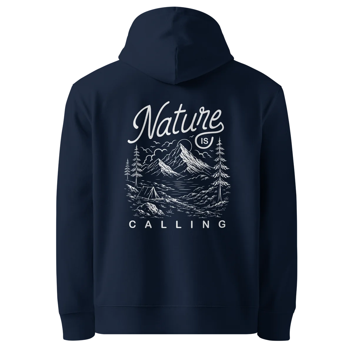 Hoodie Nature Is Calling, klassische Passform in Navy, Rückansicht mit dem Design Nature Is Calling