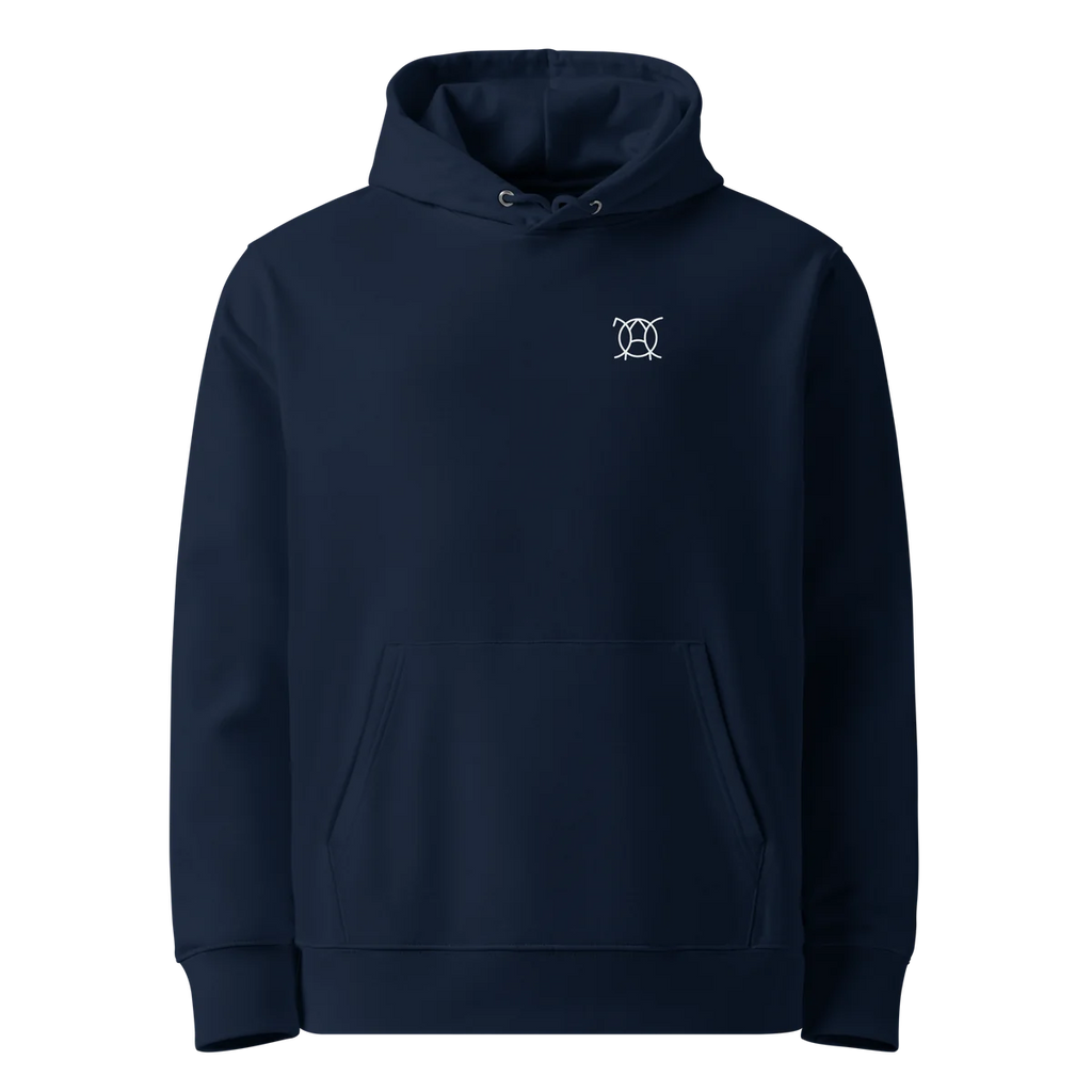 Nature Is Calling classic-fit hoodie in navy, front view with small JaOcCo logo