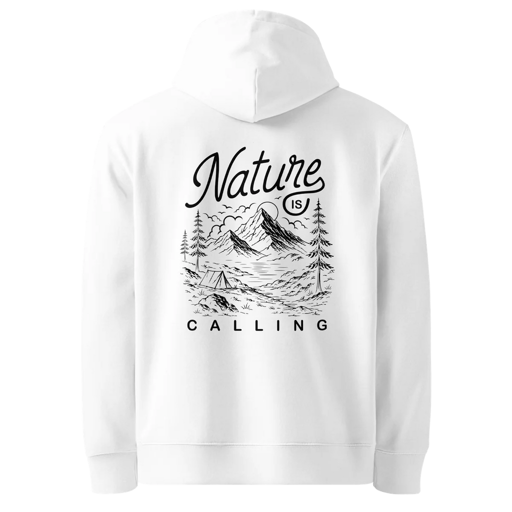 Nature Is Calling classic-fit hoodie in white, back view with the Nature Is Calling design
