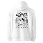 Nature Is Calling classic-fit hoodie in white, back view with the Nature Is Calling design
