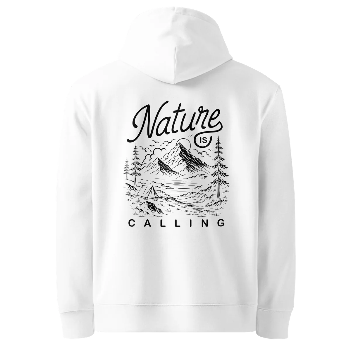Hoodie Nature Is Calling, klassische Passform in Weiß, Rückansicht mit dem Design Nature Is Calling