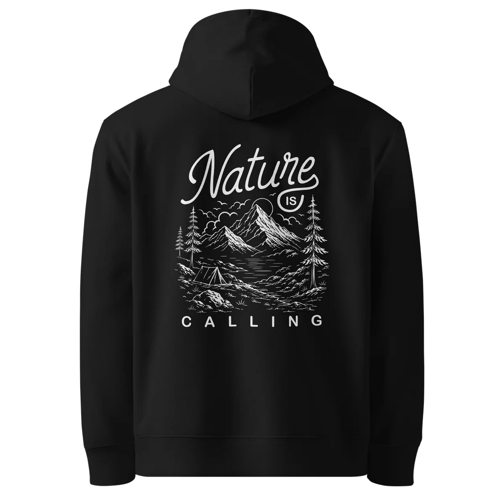 Nature Is Calling classic-fit hoodie in black, back view with the Nature Is Calling design
