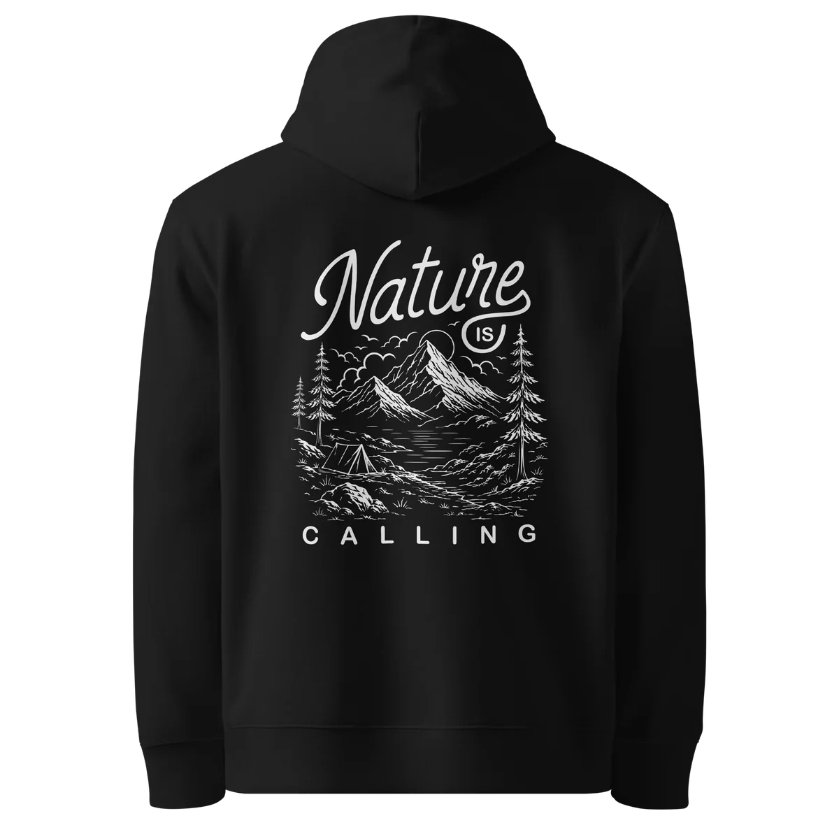 Nature Is Calling classic-fit hoodie in black, back view with the Nature Is Calling design