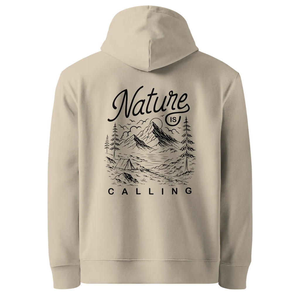 Nature Is Calling classic-fit hoodie in sand (Desert Dust), back view with the Nature Is Calling design