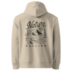 Nature Is Calling classic-fit hoodie in sand (Desert Dust), back view with the Nature Is Calling design