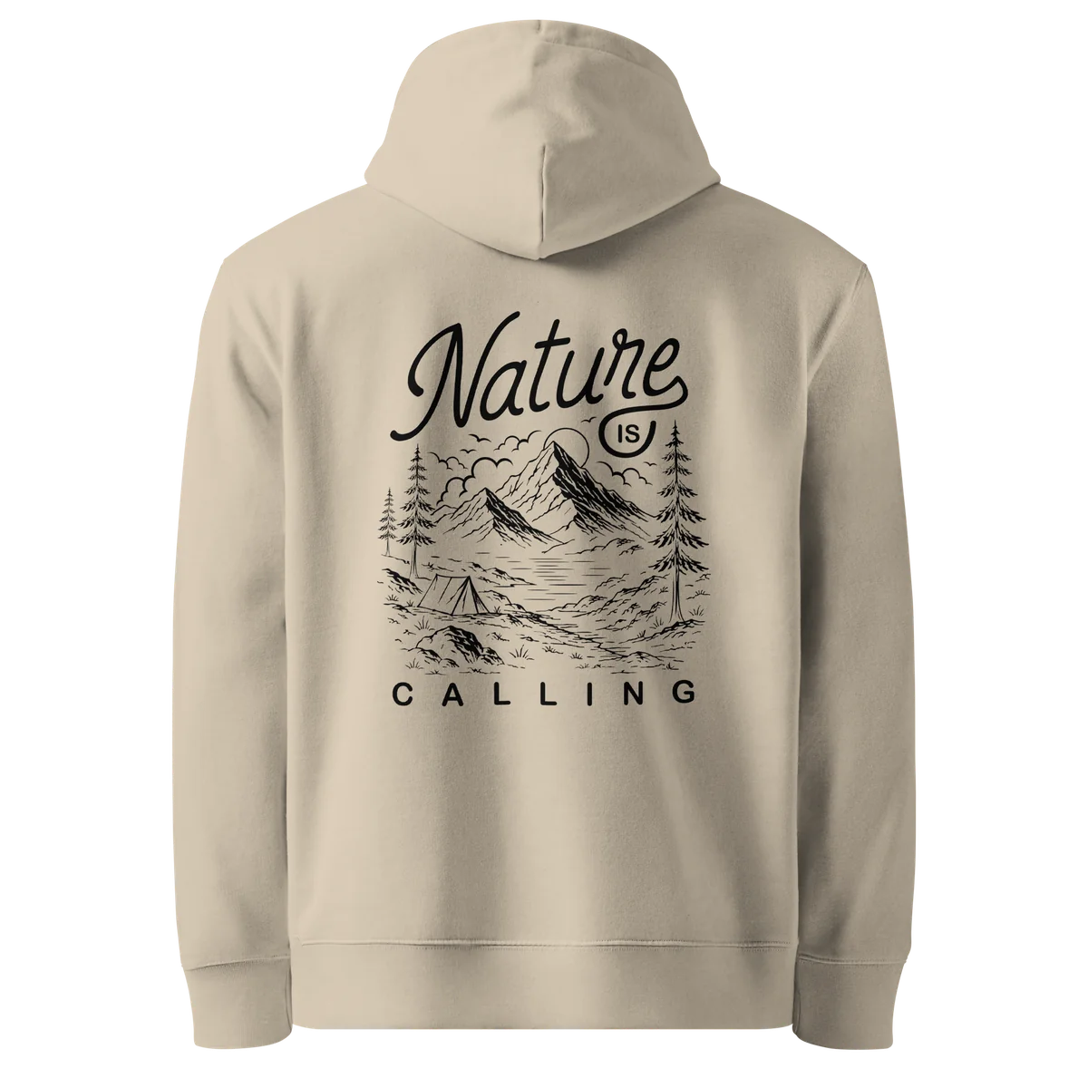 Nature Is Calling classic-fit hoodie in sand (Desert Dust), back view with the Nature Is Calling design