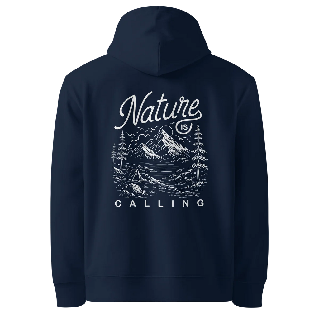 Nature Is Calling classic-fit hoodie in navy, back view with the Nature Is Calling design