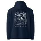 Nature Is Calling classic-fit hoodie in navy, back view with the Nature Is Calling design