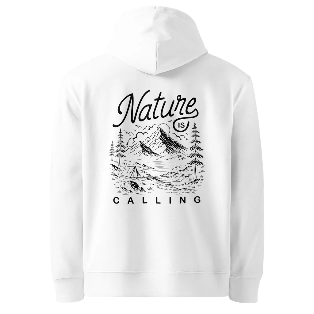 Nature Is Calling classic-fit hoodie in white, back view with the Nature Is Calling design