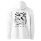 Nature Is Calling classic-fit hoodie in white, back view with the Nature Is Calling design