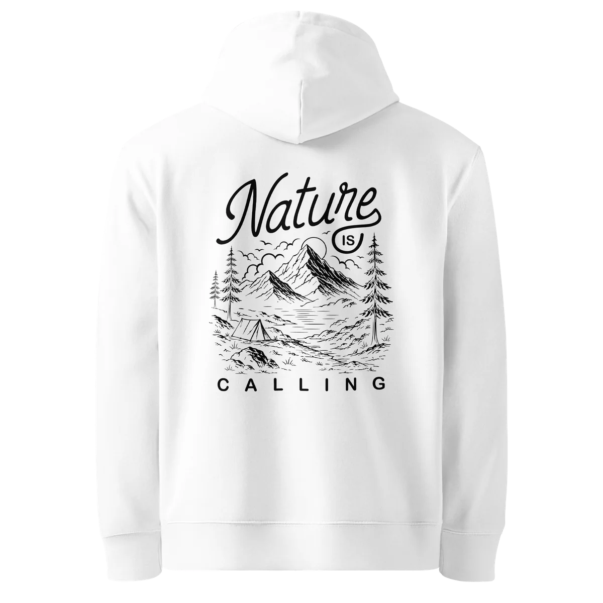 Nature Is Calling classic-fit hoodie in white, back view with the Nature Is Calling design