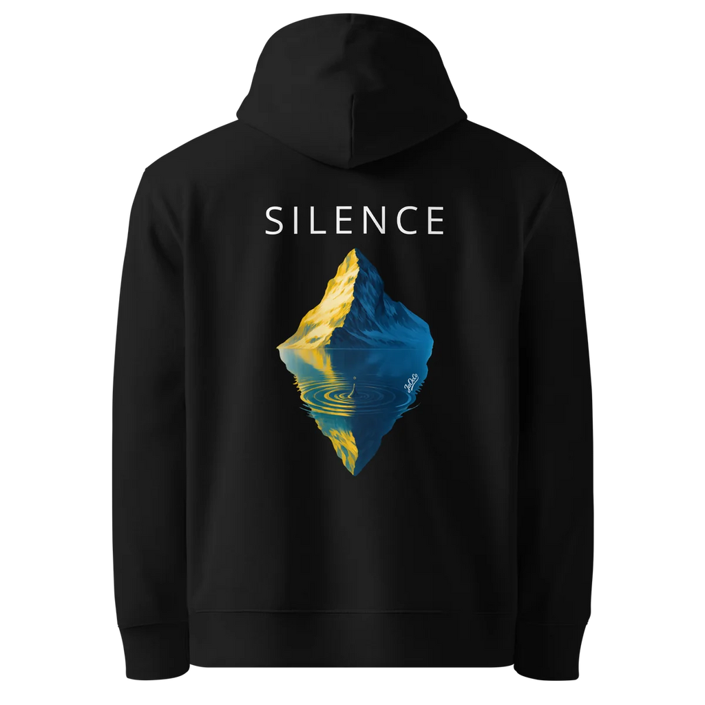 Hoodie Silence, klassische Passform in Schwarz, Rückansicht mit dem Design Silence