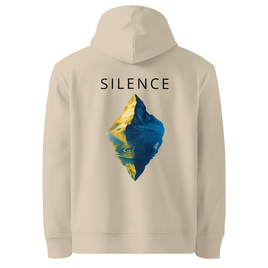Hoodie Silence, klassische Passform in Sand (Desert Dust), Rückansicht mit dem Design Silence