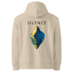Hoodie Silence, klassische Passform in Sand (Desert Dust), Rückansicht mit dem Design Silence