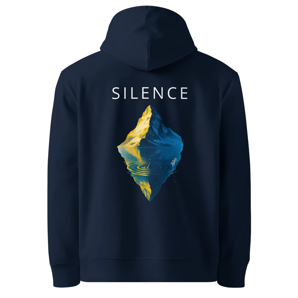 Hoodie Silence, klassische Passform in Navy, Rückansicht mit dem Design Silence