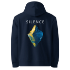 Hoodie Silence, klassische Passform in Navy, Rückansicht mit dem Design Silence