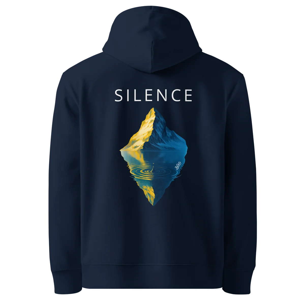 Hoodie Silence, klassische Passform in Navy, Rückansicht mit dem Design Silence