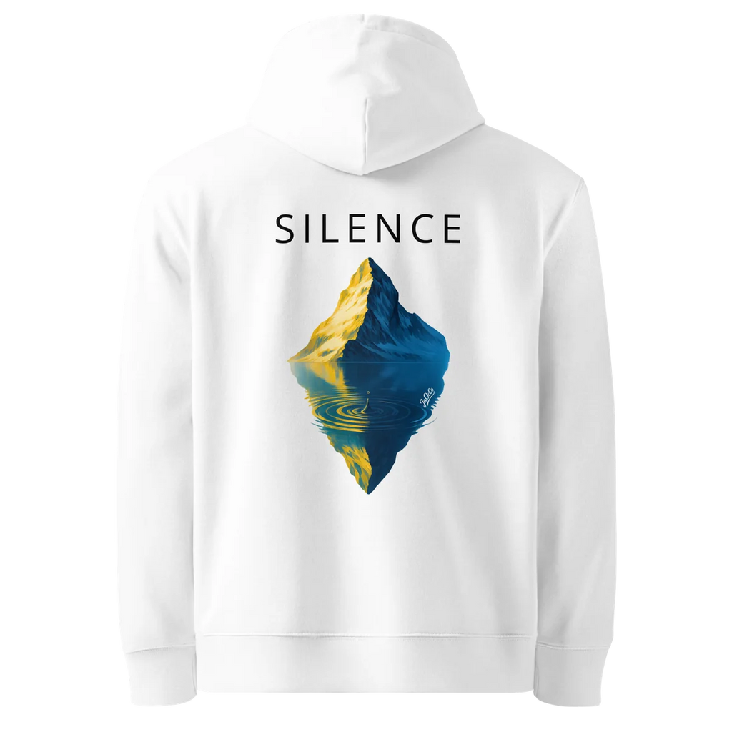 Hoodie Silence, klassische Passform in Weiß, Rückansicht mit dem Design Silence