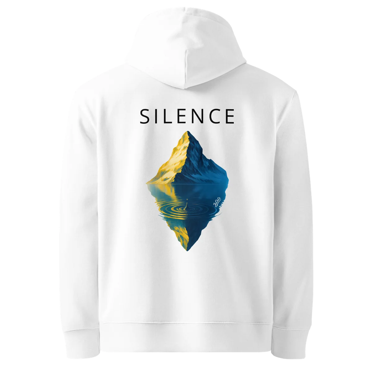 Hoodie Silence, klassische Passform in Weiß, Rückansicht mit dem Design Silence